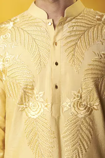 Yellow matka silk embroidered kurta pajama