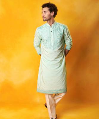 Green matka silk embroidered kurta pajama 1