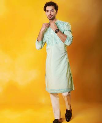 Green matka silk embroidered kurta pajama 2