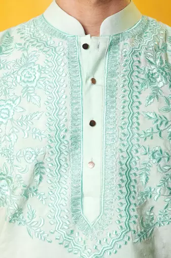 Green matka silk embroidered kurta pajama