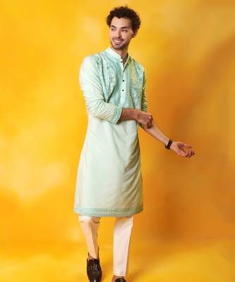 Green matka silk embroidered kurta pajama 4