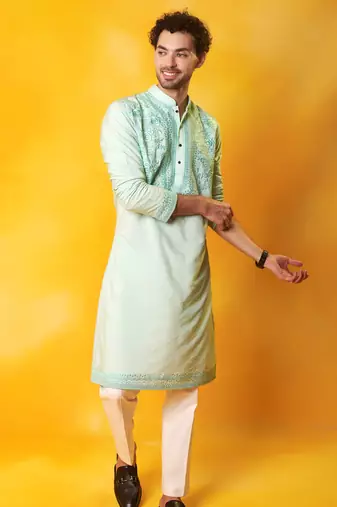 Green matka silk embroidered kurta pajama