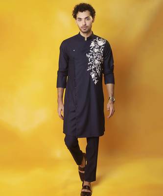 Navy blue  matka silk embroidered kurta pajama 1