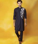 Navy blue  matka silk embroidered kurta pajama
