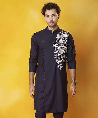 Navy blue  matka silk embroidered kurta pajama 2