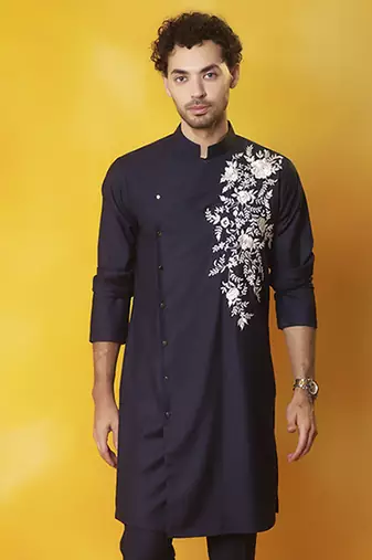 Navy blue  matka silk embroidered kurta pajama