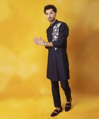 Navy blue  matka silk embroidered kurta pajama 3