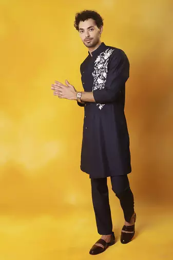 Navy blue  matka silk embroidered kurta pajama