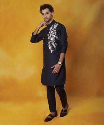 Navy blue  matka silk embroidered kurta pajama 4