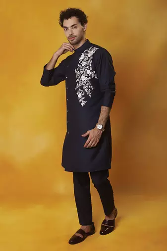Navy blue  matka silk embroidered kurta pajama