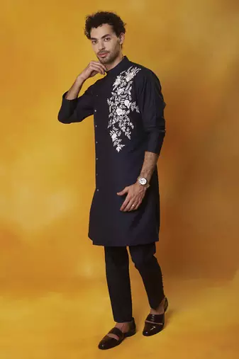 Navy blue  matka silk embroidered kurta pajama