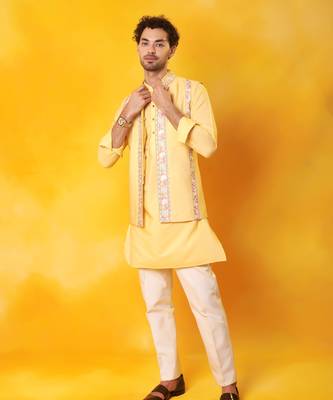 Yellow matka silk plain nehru jacket 1