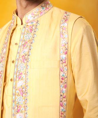 Yellow matka silk plain nehru jacket 2
