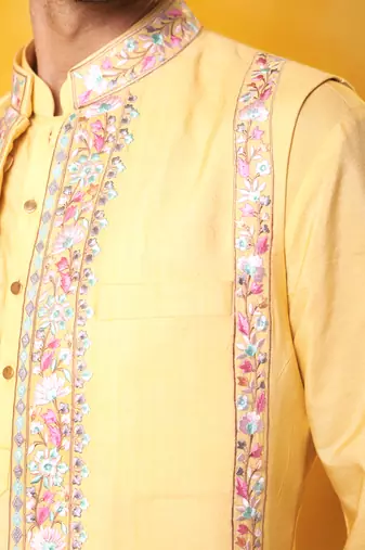 Yellow matka silk plain nehru jacket