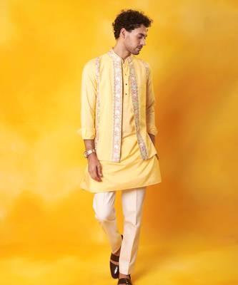 Yellow matka silk plain nehru jacket 3