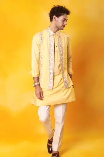 Yellow matka silk plain nehru jacket