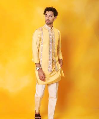 Yellow matka silk plain nehru jacket 4