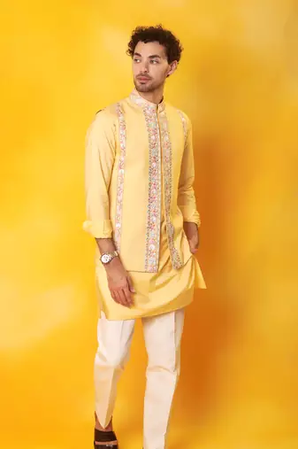 Yellow matka silk plain nehru jacket