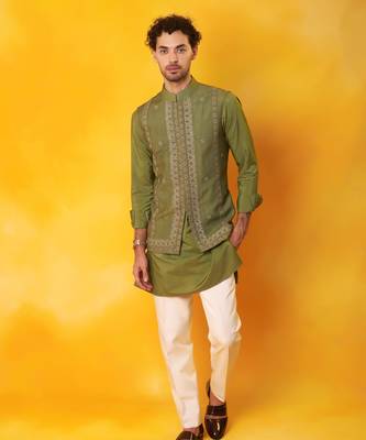 Green matka silk plain nehru jacket 1