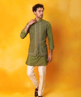 Green matka silk plain nehru jacket 2