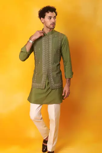 Green matka silk plain nehru jacket