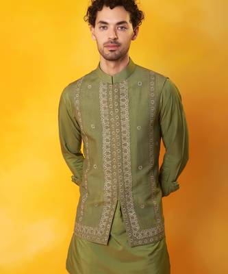 Green matka silk plain nehru jacket 3