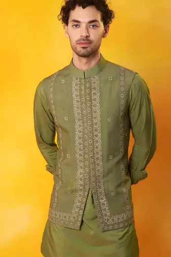 Green matka silk plain nehru jacket