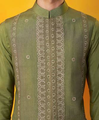 Green matka silk plain nehru jacket 4