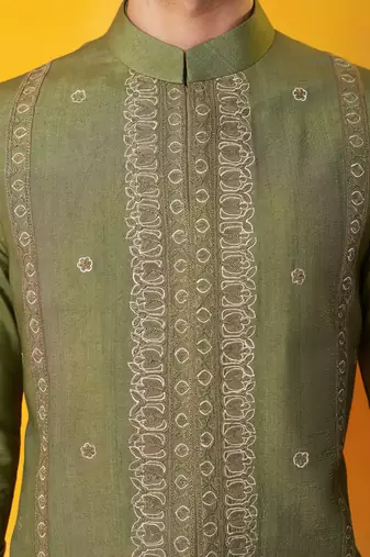 Green matka silk plain nehru jacket
