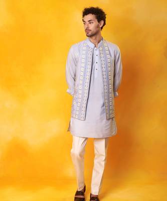Light blue matka silk plain nehru jacket 1