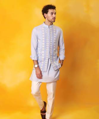 Light blue matka silk plain nehru jacket 2