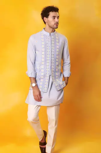 Light blue matka silk plain nehru jacket