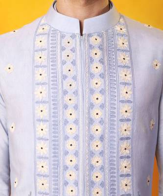 Light blue matka silk plain nehru jacket 3