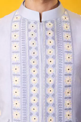 Light blue matka silk plain nehru jacket