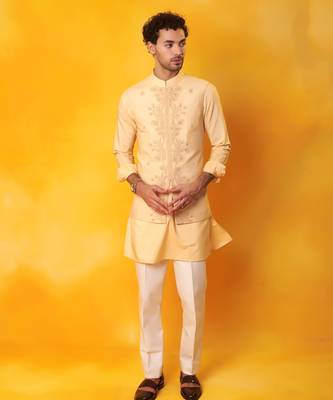 Peach matka silk plain nehru jacket 1