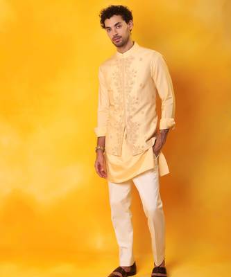 Peach matka silk plain nehru jacket 2