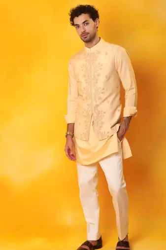 Peach matka silk plain nehru jacket