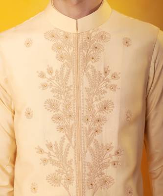 Peach matka silk plain nehru jacket 3