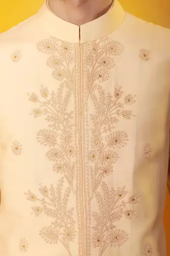 Peach matka silk plain nehru jacket