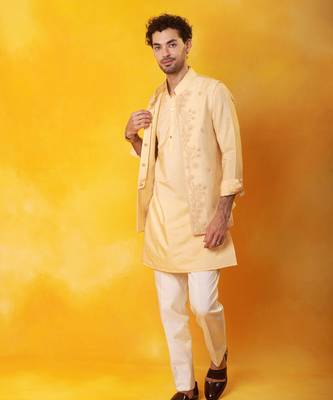 Peach matka silk plain nehru jacket 4