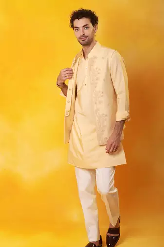 Peach matka silk plain nehru jacket