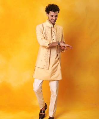 Peach matka silk plain nehru jacket 5