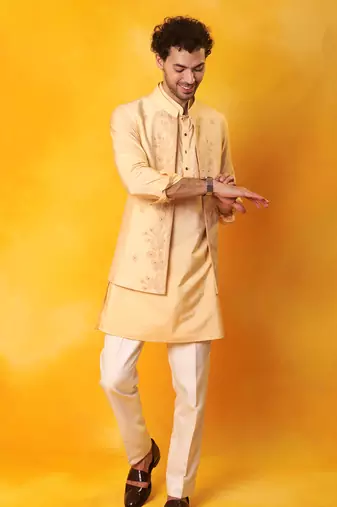 Peach matka silk plain nehru jacket