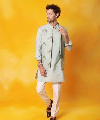 Grey matka silk plain nehru jacket 1