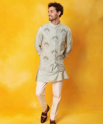 Grey matka silk plain nehru jacket 2