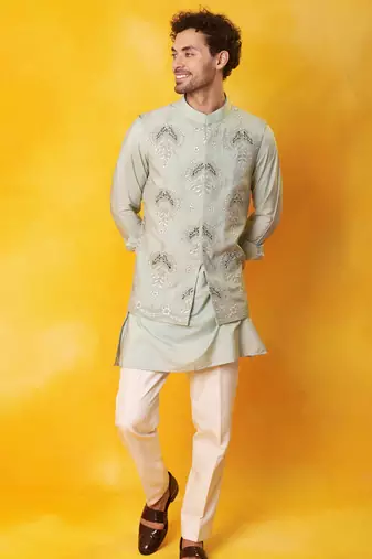 Grey matka silk plain nehru jacket