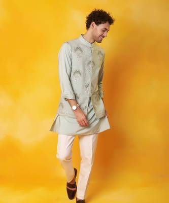 Grey matka silk plain nehru jacket 3