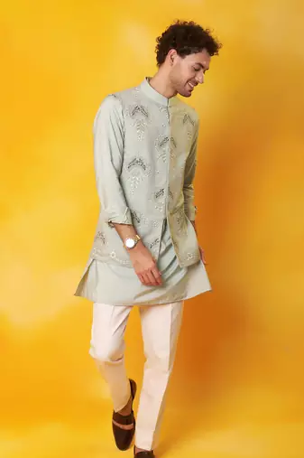 Grey matka silk plain nehru jacket