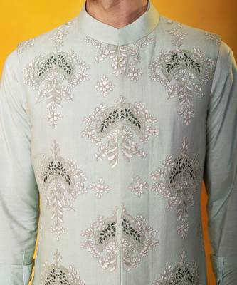Grey matka silk plain nehru jacket 4