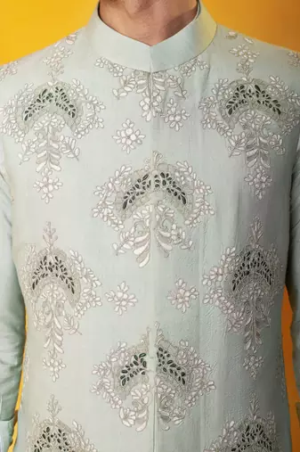 Grey matka silk plain nehru jacket